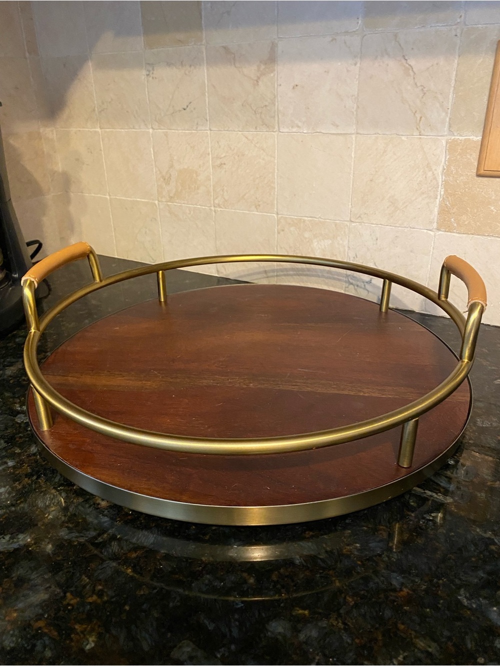 Crate&Barrel Gold and Wood Round Serving Tray with Tan Leather Handles EUC